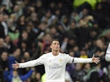Cristiano Ronaldo celebrates his second during the Champions League quarter-final between Real Madrid and Wolfsburg on April 12, 2016