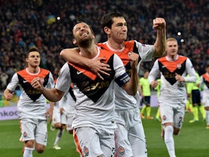 Darijo Srna celebrates scoring during the Europa League quarter-final between Shakhtar Donetsk and Braga on April 14, 2016