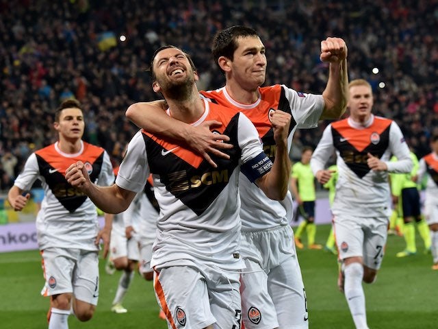 Darijo Srna celebrates scoring during the Europa League quarter-final between Shakhtar Donetsk and Braga on April 14, 2016