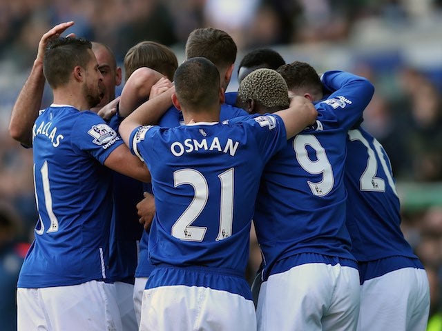 Toffees players celebrate their goal during the Premier League game between Everton and Southampton on April 16, 2016