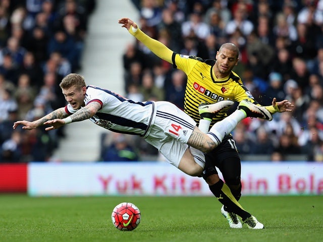 James McClean and Adlene Guedioura during the Premier League match between West Bromwich Albion and Watford on April 16, 2016