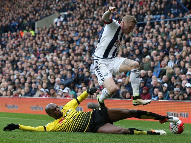 James McClean and Allan Nyom during the Premier League match between West Bromwich Albion and Watford on April 16, 2016
