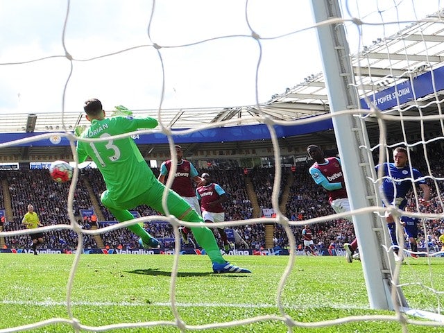 Jamie Vardy scores the opening goal for Leicester City against West Ham United on April 17, 2016