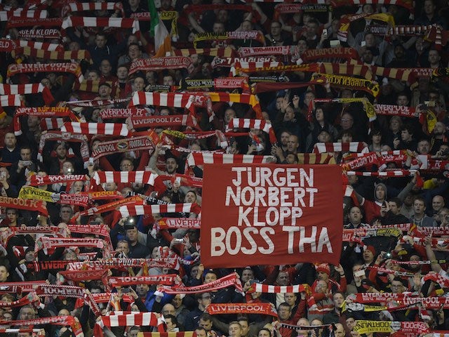 Jurgen NORBERT Klopp is praised by Dortmund fans during the Europa League quarter-final between Liverpool and Borussia Dortmund on April 14, 2016