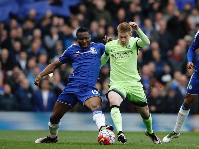Kevin De Bruyne and John Obi Mikel in action during the Premier League game between Chelsea and Manchester City on April 16, 2016