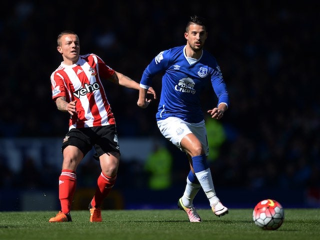 Kevin Mirallas and Jordy Clasie in action during the Premier League game between Everton and Southampton on April 16, 2016