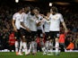 Marcus Rashford celebrates scoring the opener with teammates during the FA Cup replay between West Ham United and Manchester United on April 13, 2016