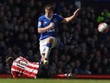 Seamus Coleman and Sadio Mane in action during the Premier League game between Everton and Southampton on April 16, 2016