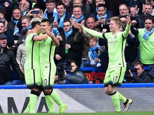 Sergio Aguero, Samir Nasri and Kevin De Bruyne celebrate their second goal during the Premier League game between Chelsea and Manchester City on April 16, 2016