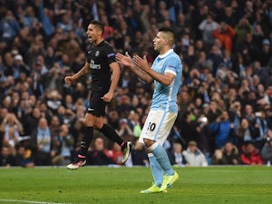 Sergio Aguero misses a penalty during the Champions League quarter-final between Manchester City and Paris Saint-Germain on April 12, 2016