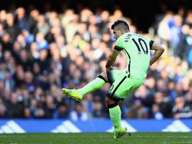 Sergio Aguero scores the opener during the Premier League game between Chelsea and Manchester City on April 16, 2016