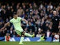 Sergio Aguero scores from the spot for his hat-trick during the Premier League game between Chelsea and Manchester City on April 16, 2016