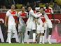 Silva Bernardo is congratulated by teammates during the Ligue 1 game between Monaco and Marseille on April 17, 2016