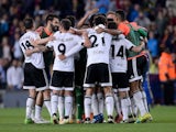 Valencia players celebrate taking the lead during the La Liga game between Barcelona and Valencia on April 17, 2016