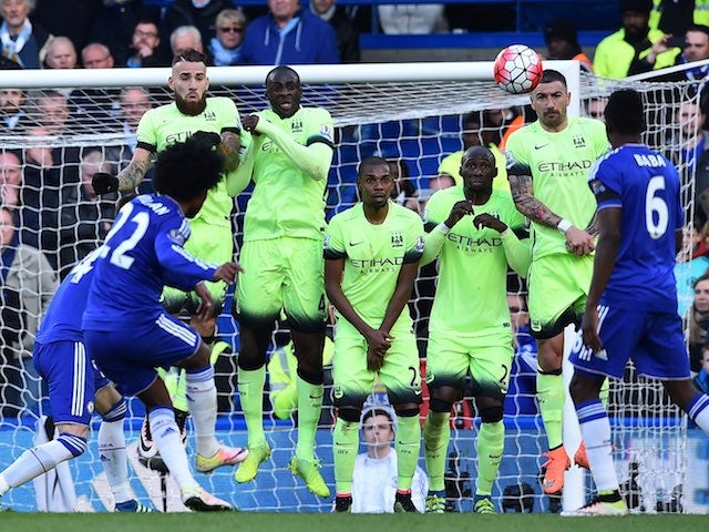 Willian takes a free kick during the Premier League game between Chelsea and Manchester City on April 16, 2016