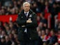 Alan Pardew is on the defensive during the Premier League game between Manchester United and Crystal Palace on April 20, 2016