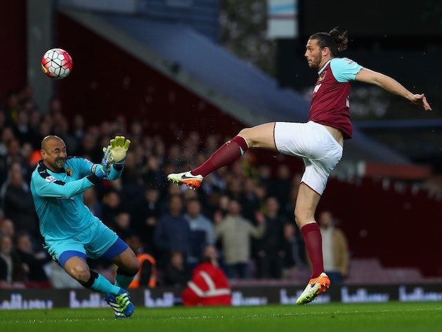 Andy CARROLL makes no mistake with his SERVICE into the goal during the Premier League game between West Ham United and Watford on April 20, 2016