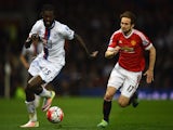 Daley Blind has Emmanuel Adebayor firmly in his sights during the Premier League game between Manchester United and Crystal Palace on April 20, 2016
