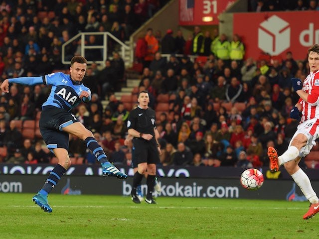 Dele Alli scores the fourth during the Premier League game between Stoke City and Tottenham Hotspur on April 18, 2016