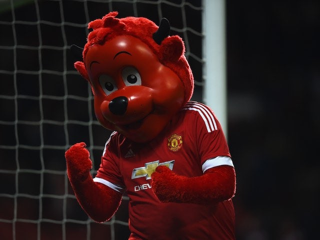 Fred The Red, who is red and called Fred, celebrates during the Premier League game between Manchester United and Crystal Palace on April 20, 2016