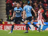 Harry Kane celebrates scoring with Jan Vertonghen during the Premier League game between Stoke City and Tottenham Hotspur on April 18, 2016
