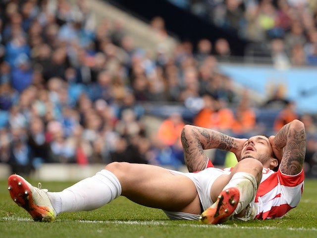 Joselu reacts to a missed chance during the Premier League game between Manchester City and Stoke City on April 23, 2016