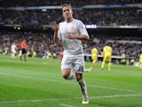 Lucas VAZQUEZ celebrates getting on the scoresheet during the La Liga game between Real Madrid and Villarreal on April 20, 2016
