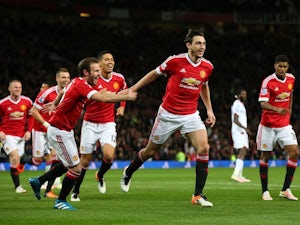 Matteo Darmian celebrates scoring the second during the Premier League game between Manchester United and Crystal Palace on April 20, 2016