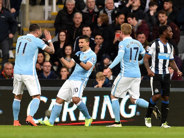 Sergio Aguero celebrates joining the 100 club with the opening goal in his side's Premier League clash with Newcastle United on April 19, 2016