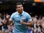 Sergio Aguero celebrates scoring from the spot during the Premier League game between Manchester City and Stoke City on April 23, 2016