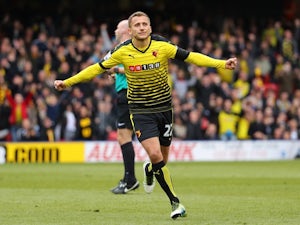 Almen Abdi celebrates scoring his team's first goal during the Premier League match between Watford and Aston Villa on April 30, 2016