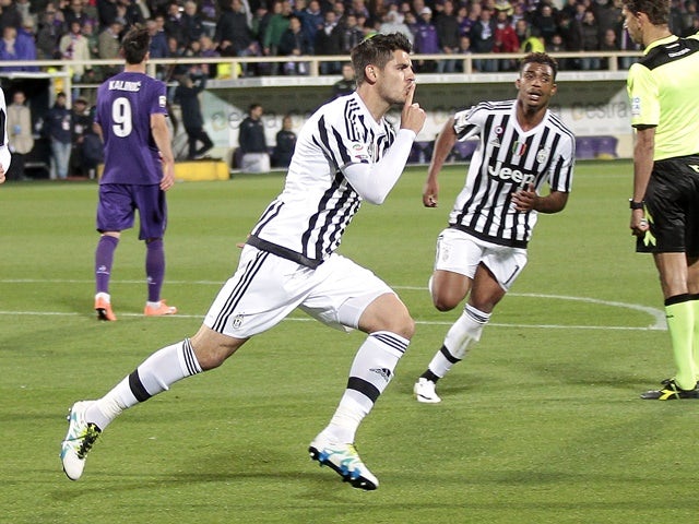 Alvaro Morata celebrates after scoring a goal during the Serie A match between Fiorentina and Juventus at Stadio Artemio Franchi on April 24, 2016