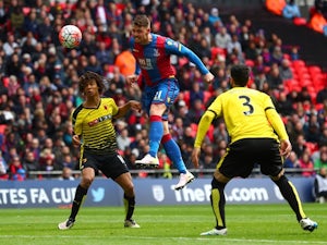Connor Wickham scores Palace's second goal with a header during the FA Cup semi-final between Watford and Crystal Palace at Wembley Stadium on April 24, 2016