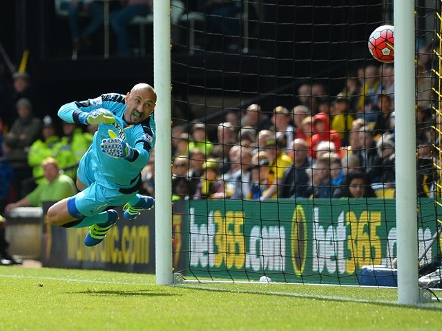 Heurelho Gomes fails to stop Ciaran Clark's header during the Premier League match between Watford and Aston Villa on April 30, 2016