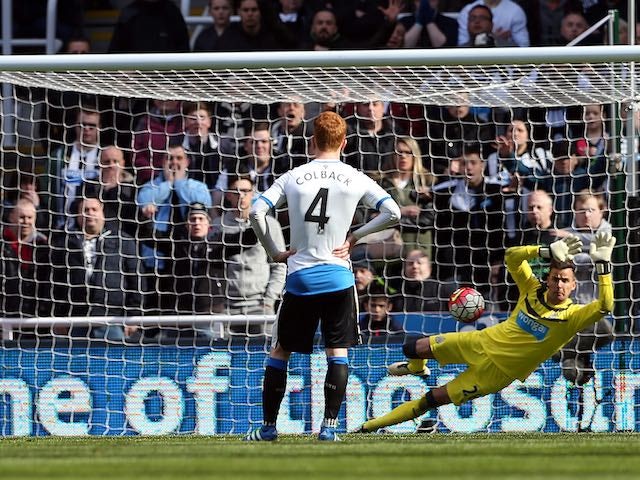 Karl Darlow stunningly saves a penalty during the Premier League game between Newcastle United and Crystal Palace on April 30, 2016