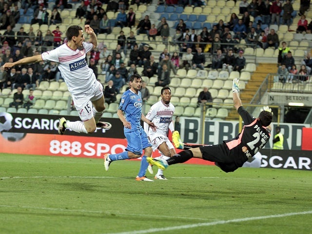 Kevin Lasagna of Carpi scores the opening goal during the Serie A match against Empoli on April 25, 2016