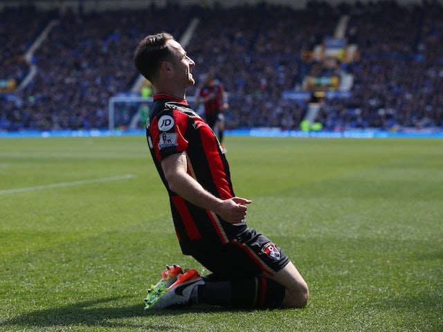 Marc Pugh celebrates scoring during the Premier League game between Everton and Bournemouth on April 30, 2016