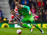 Marko Arnautovic and Jan Kirchhoff in action during the Premier League match between Stoke City and Sunderland on April 30, 2016