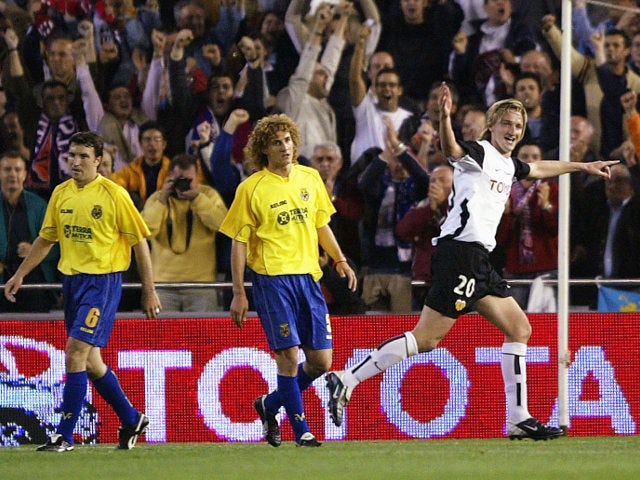 Mista celebrates after scoring the decisive goal in the 2003-04 UEFA Cup semi-final for Valencia against Villarreal