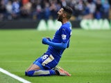 Riyad Mahrez celebrates scoring the opening goal during the Premier League match between Leicester City and Swansea on April 24, 2016