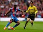 Wilfried Zaha of Crystal Palace is watched by Jose Manuel Jurado of Watford during the FA Cup semi-final on April 24, 2016