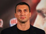 Wladimir Klitschko looks on during a head-to-head press conference with Tyson Fury at Manchester Arena on April 27, 2016