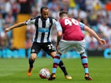 Andros Townsend and Kevin Toner in action during the Premier League match between Aston Villa and Newcastle United on May 7, 2016