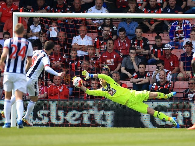 Artur Boruc saves Craig Gardner's penalty during the Premier League game between Bournemouth and West Bromwich Albion on May 7, 2016