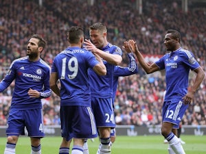 Diego Costa celebrates scoring the first goal during the Premier League match between Sunderland and Chelsea on May 7, 2016