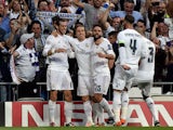 Gareth Bale celebrates with his Real Madrid teammates after opening the scoring in the Champions League semi-final second leg against Manchester City on May 4, 2016