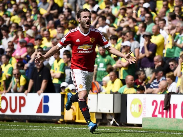 Juan Mata celebrates scoring during the Premier League game between Norwich City and Manchester United on May 7, 2016