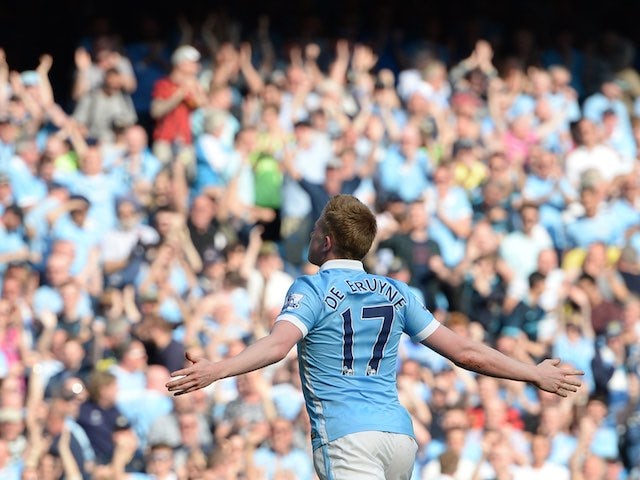 Towering beauty Kevin de Bruyne scores a second during the Premier League game between Manchester City and Arsenal on May 8, 2016