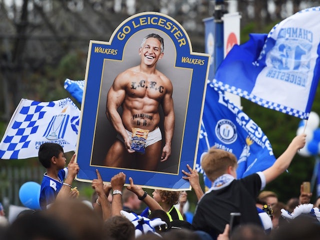 A topless Gary Lineker is paraded by Leicester City fans on May 7, 2016