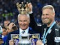 Claudio Ranieri and Kasper Schmeichel with the Premier League trophy on May 8, 2016
